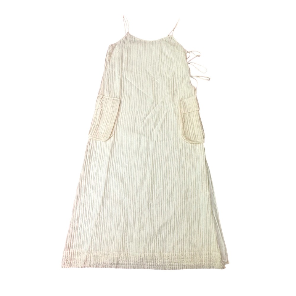 Find Me Now Amar Midi Dress Bone Crinkle Side Tie Cargo Pocket Slip Dress Size S